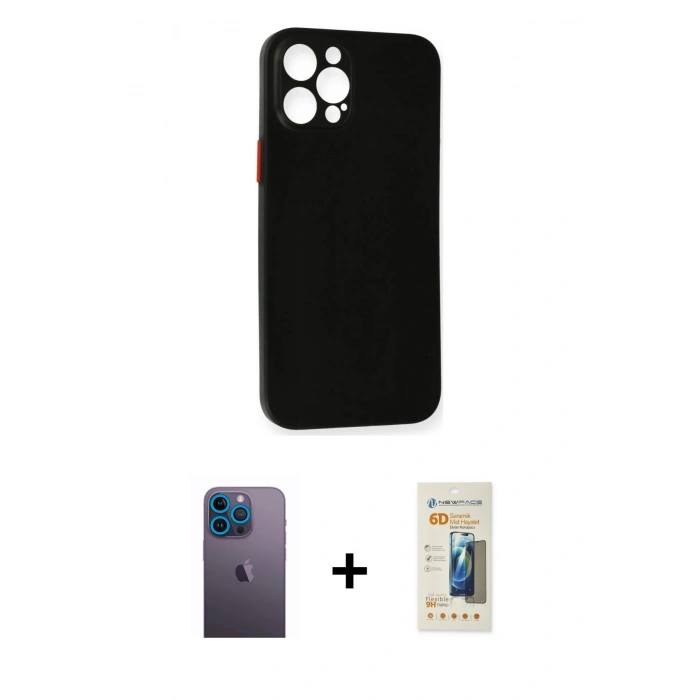 MARSİLYAN™- iPhone 12 Pro Max Kılıf Yadigar Yansıma Serisi - Siyah 6D Mat Seramik Hayalet Nano Ekran Koruyucu + Neon Fosforlu Kamera Lens - MI