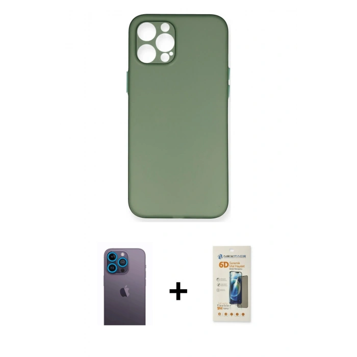 MARSİLYAN™- iPhone 12 Pro Max Kılıf Yadigar Yansıma Serisi - Siyah 6D Mat Seramik Hayalet Nano Ekran Koruyucu + Neon Fosforlu Kamera Lens - MI