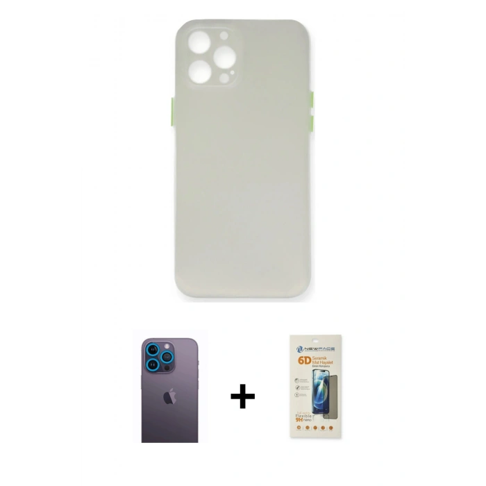 MARSİLYAN™- iPhone 12 Pro Max Kılıf Yadigar Yansıma Serisi - Siyah 6D Mat Seramik Hayalet Nano Ekran Koruyucu + Neon Fosforlu Kamera Lens - MI