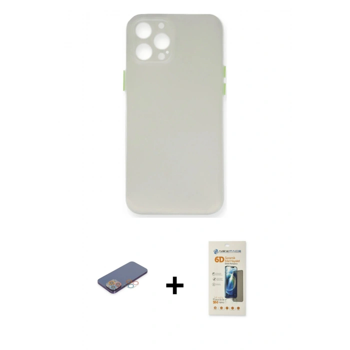 MARSİLYAN™- iPhone 12 Pro Max Kılıf Yadigar Yansıma Serisi - Siyah 6D Mat Seramik Hayalet Nano Ekran Koruyucu + Renkli Kamera Lens Koruma Cam - PE