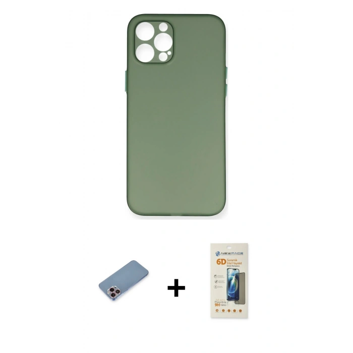 MARSİLYAN™- iPhone 12 Pro Max Kılıf Yadigar Yansıma Serisi - Siyah 6D Mat Seramik Hayalet Nano Ekran Koruyucu + Pembe Shine Kamera Lens Koruma Cam