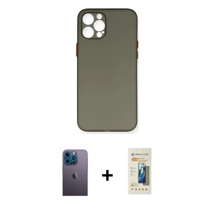 MARSİLYAN™- iPhone 12 Pro Max Kılıf Yadigar Yansıma Serisi - Siyah 6D Mat Seramik Hayalet Nano Ekran Koruyucu + Neon Fosforlu Kamera Lens - MI