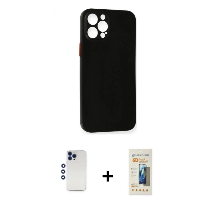 MARSİLYAN™- iPhone 12 Pro Max Kılıf Yadigar Yansıma Serisi - Siyah 6D Mat Seramik Hayalet Nano Ekran Koruyucu + Shine Kamera Lens - LT