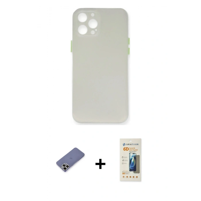 MARSİLYAN™- iPhone 12 Pro Max Kılıf Yadigar Yansıma Serisi - Siyah 6D Mat Seramik Hayalet Nano Ekran Koruyucu + Gold Metal Kamera Lens Koruma Cam