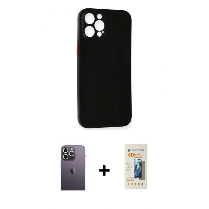MARSİLYAN™- iPhone 12 Pro Max Kılıf Yadigar Yansıma Serisi - Siyah 6D Mat Seramik Hayalet Nano Ekran Koruyucu + Neon Fosforlu Kamera Lens - BZ