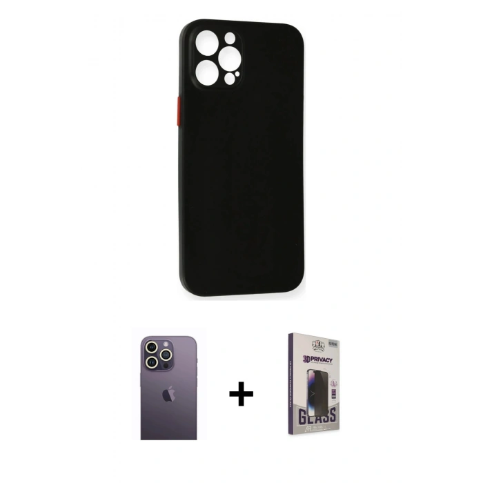 MARSİLYAN™- iPhone 12 Pro Max Kılıf Yadigar Yansıma Serisi - Siyah Bilvis Hayalet Cam Ekran Koruyucu + Neon Fosforlu Kamera Lens - BZ