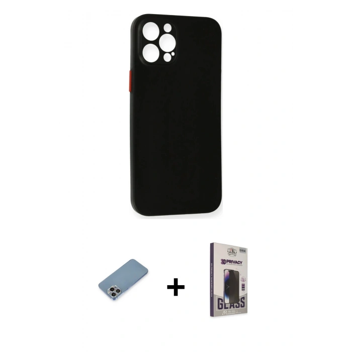 MARSİLYAN™- iPhone 12 Pro Max Kılıf Yadigar Yansıma Serisi - Siyah Bilvis Hayalet Cam Ekran Koruyucu + Shine Kamera Lens Koruma Cam - GI