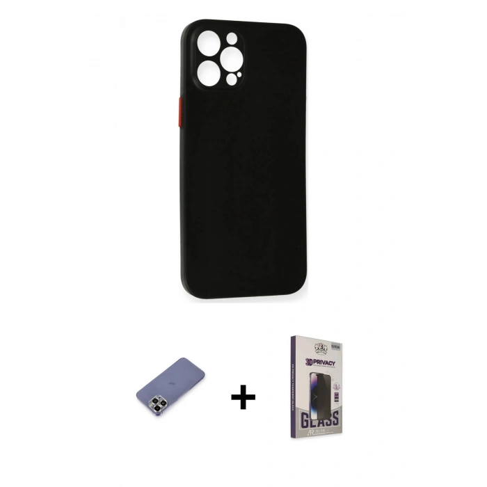 MARSİLYAN™- iPhone 12 Pro Max Kılıf Yadigar Yansıma Serisi - Siyah Bilvis Hayalet Cam Ekran Koruyucu + Gold Metal Kamera Lens Koruma Cam