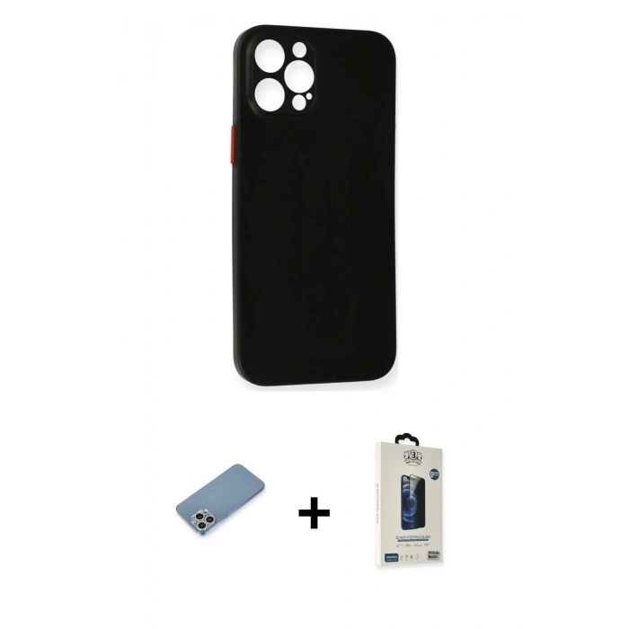 MARSİLYAN™- iPhone 12 Pro Max Kılıf Yadigar Yansıma Serisi - Siyah Bilvis Hayalet Cam Ekran Koruyucu + Shine Kamera Lens Koruma Cam - GS