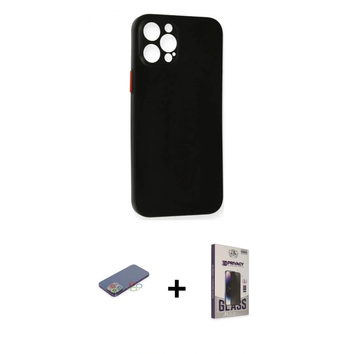 MARSİLYAN™- iPhone 12 Pro Max Kılıf Yadigar Yansıma Serisi - Siyah Bilvis Hayalet Cam Ekran Koruyucu + Renkli Kamera Lens Koruma Cam - MI