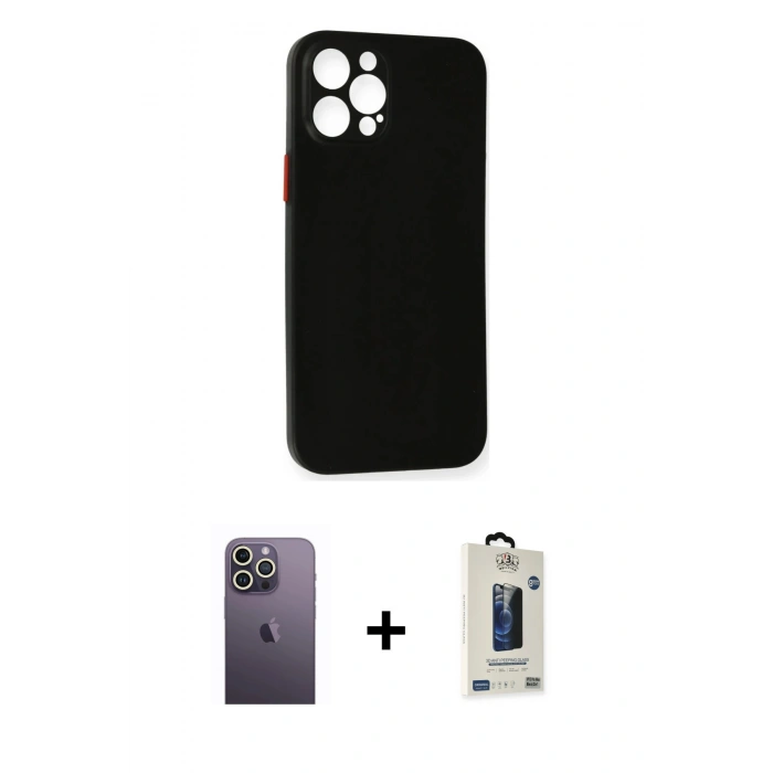 MARSİLYAN™- iPhone 12 Pro Max Kılıf Yadigar Yansıma Serisi - Siyah Bilvis Hayalet Cam Ekran Koruyucu + Neon Fosforlu Kamera Lens - BZ