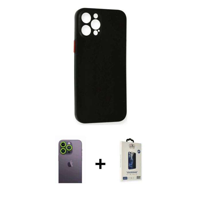 MARSİLYAN™- iPhone 12 Pro Max Kılıf Yadigar Yansıma Serisi - Siyah Bilvis Hayalet Cam Ekran Koruyucu + Neon Fosforlu Kamera Lens - YL