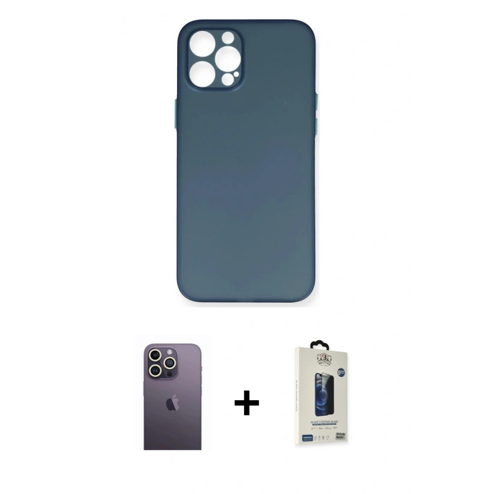 MARSİLYAN™- iPhone 12 Pro Max Kılıf Yadigar Yansıma Serisi - Siyah Bilvis Hayalet Cam Ekran Koruyucu + Neon Fosforlu Kamera Lens - BZ