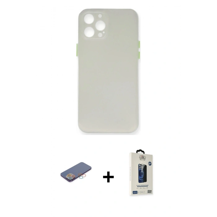 MARSİLYAN™- iPhone 12 Pro Max Kılıf Yadigar Yansıma Serisi - Siyah Bilvis Hayalet Cam Ekran Koruyucu + Pembe Renkli Kamera Lens Koruma Cam