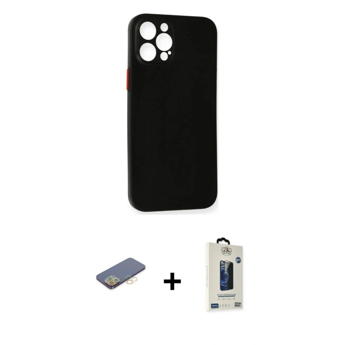 MARSİLYAN™- iPhone 12 Pro Max Kılıf Yadigar Yansıma Serisi - Siyah Bilvis Hayalet Cam Ekran Koruyucu + Renkli Kamera Lens Koruma Cam - SI