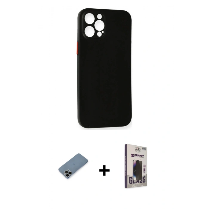 MARSİLYAN™- iPhone 12 Pro Max Kılıf Yadigar Yansıma Serisi - Siyah Bilvis Hayalet Cam Ekran Koruyucu + Shine Kamera Lens Koruma Cam - SH