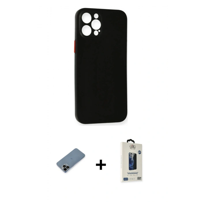 MARSİLYAN™- iPhone 12 Pro Max Kılıf Yadigar Yansıma Serisi - Siyah Bilvis Hayalet Cam Ekran Koruyucu + Shine Kamera Lens Koruma Cam - SH