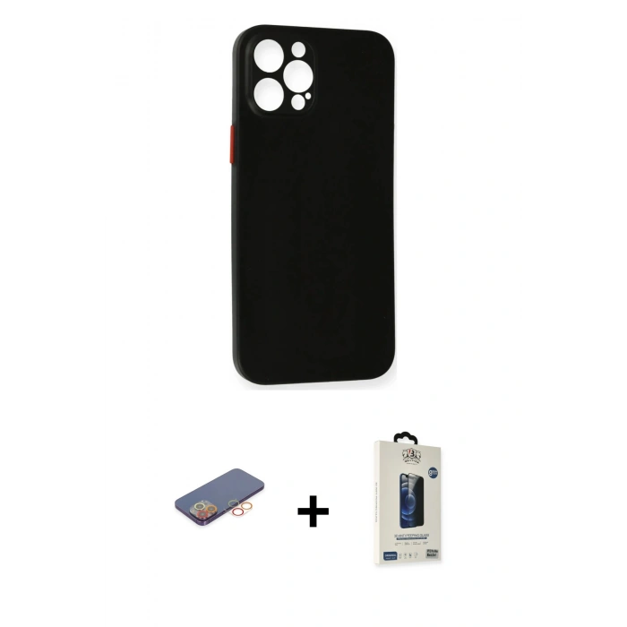 MARSİLYAN™- iPhone 12 Pro Max Kılıf Yadigar Yansıma Serisi - Siyah Bilvis Hayalet Cam Ekran Koruyucu + Renkli Kamera Lens Koruma Cam - TU