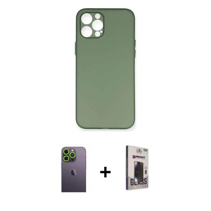MARSİLYAN™- iPhone 12 Pro Max Kılıf Yadigar Yansıma Serisi - Siyah Bilvis Hayalet Cam Ekran Koruyucu + Yeşil Neon Fosforlu Kamera Lens