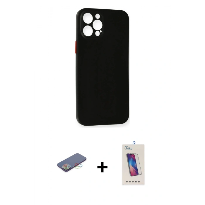 MARSİLYAN™- iPhone 12 Pro Max Kılıf Yadigar Yansıma Serisi - Siyah Joko 5D Cam + Renkli Kamera Lens Koruma Cam - MI