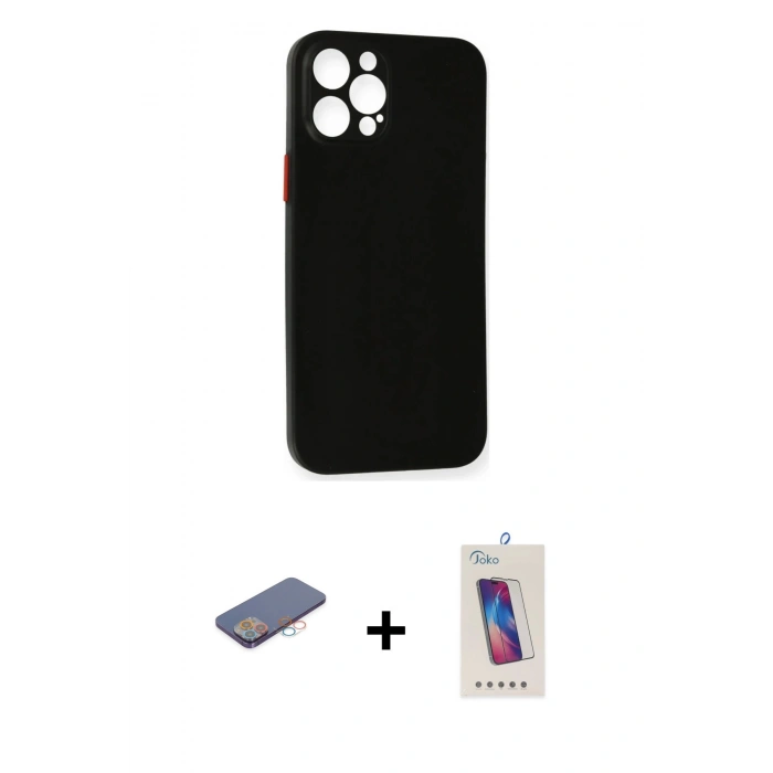 MARSİLYAN™- iPhone 12 Pro Max Kılıf Yadigar Yansıma Serisi - Siyah Joko 5D Cam + Renkli Kamera Lens Koruma Cam - PE