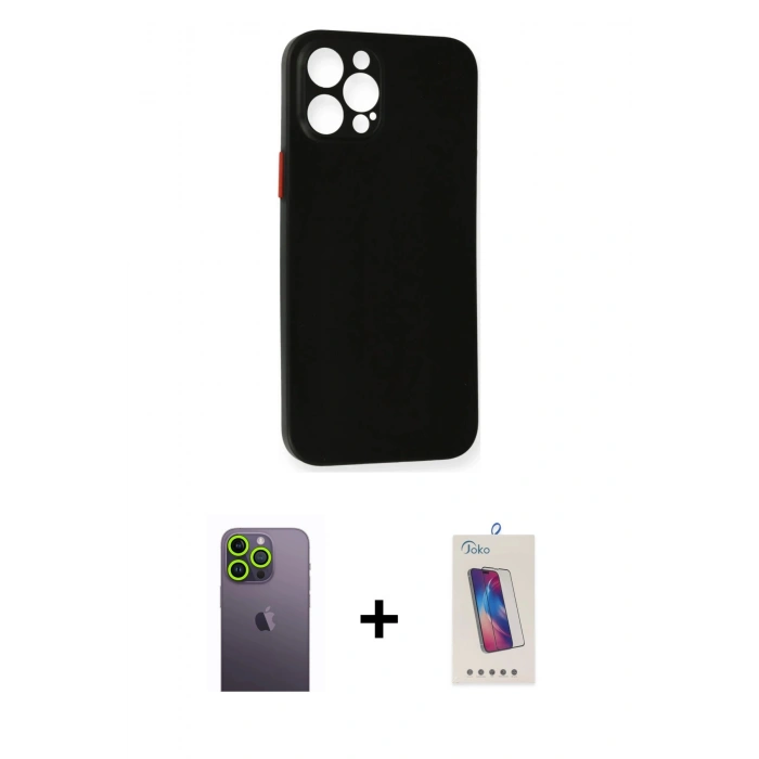 MARSİLYAN™- iPhone 12 Pro Max Kılıf Yadigar Yansıma Serisi - Siyah Joko 5D Cam + Neon Fosforlu Kamera Lens - YL