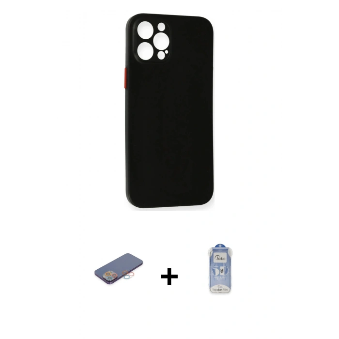 MARSİLYAN™- iPhone 12 Pro Max Kılıf Yadigar Yansıma Serisi - Siyah Joko Magic 5D Cam + Pembe Renkli Kamera Lens Koruma Cam