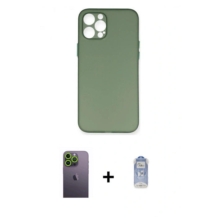 MARSİLYAN™- iPhone 12 Pro Max Kılıf Yadigar Yansıma Serisi - Siyah Joko Magic 5D Cam + Yeşil Neon Fosforlu Kamera Lens