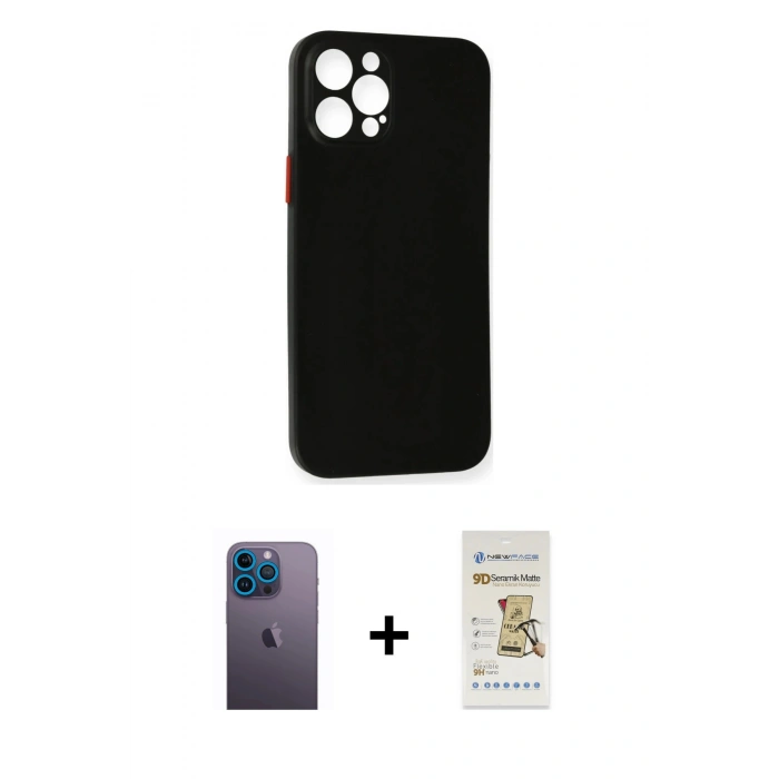 MARSİLYAN™- iPhone 12 Pro Max Kılıf Yadigar Yansıma Serisi - Siyah Mat Seramik Nano Ekran Koruyucu + Neon Fosforlu Kamera Lens - MI