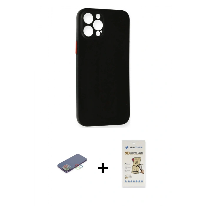 MARSİLYAN™- iPhone 12 Pro Max Kılıf Yadigar Yansıma Serisi - Siyah Mat Seramik Nano Ekran Koruyucu + Mavi Renkli Kamera Lens Koruma Cam