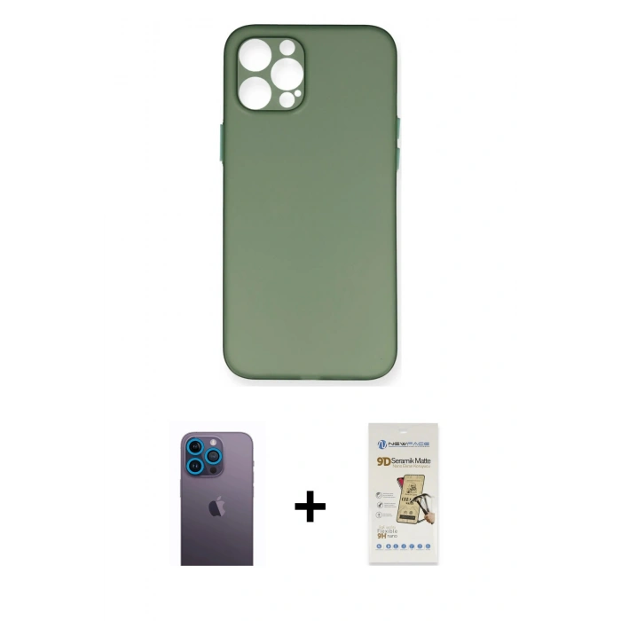 MARSİLYAN™- iPhone 12 Pro Max Kılıf Yadigar Yansıma Serisi - Siyah Mat Seramik Nano Ekran Koruyucu + Neon Fosforlu Kamera Lens - MI