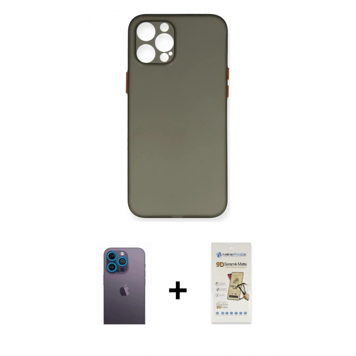 MARSİLYAN™- iPhone 12 Pro Max Kılıf Yadigar Yansıma Serisi - Siyah Mat Seramik Nano Ekran Koruyucu + Neon Fosforlu Kamera Lens - MI
