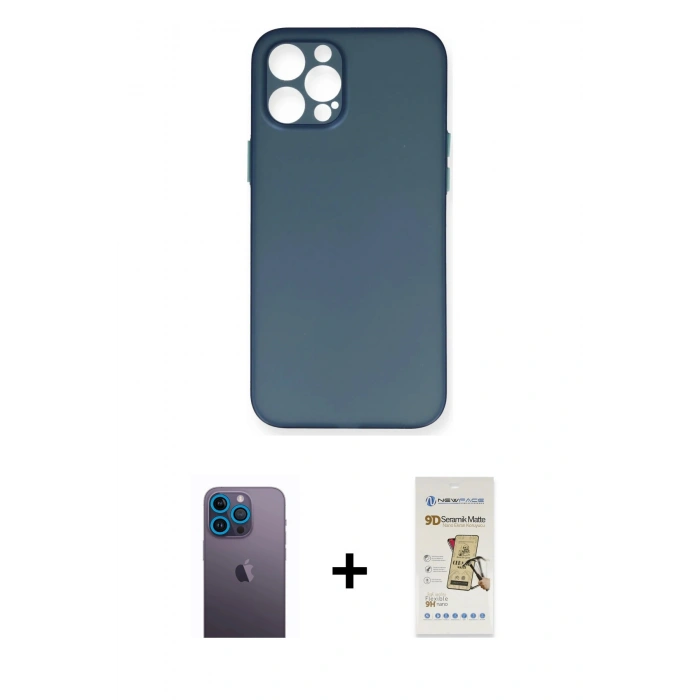 MARSİLYAN™- iPhone 12 Pro Max Kılıf Yadigar Yansıma Serisi - Siyah Mat Seramik Nano Ekran Koruyucu + Neon Fosforlu Kamera Lens - MI