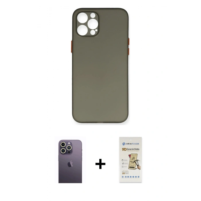 MARSİLYAN™- iPhone 12 Pro Max Kılıf Yadigar Yansıma Serisi - Siyah Mat Seramik Nano Ekran Koruyucu + Neon Fosforlu Kamera Lens - BZ