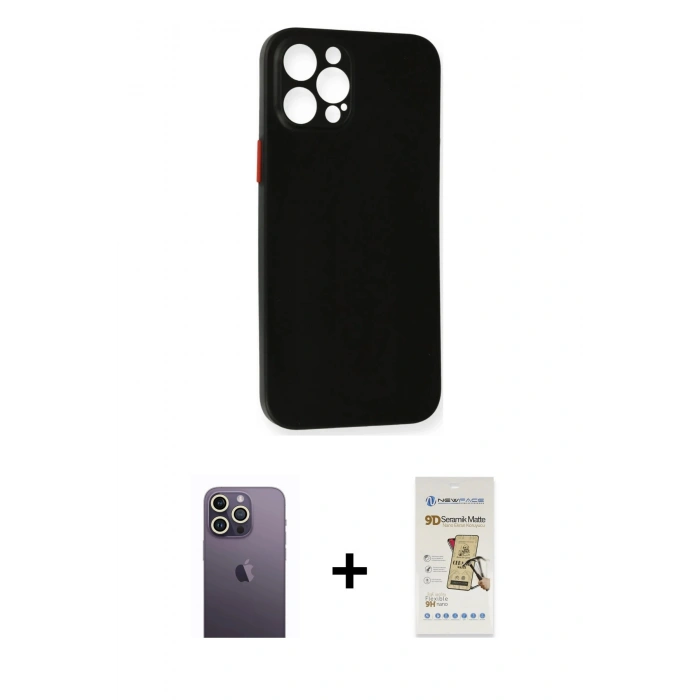MARSİLYAN™- iPhone 12 Pro Max Kılıf Yadigar Yansıma Serisi - Siyah Mat Seramik Nano Ekran Koruyucu + Neon Fosforlu Kamera Lens - BZ