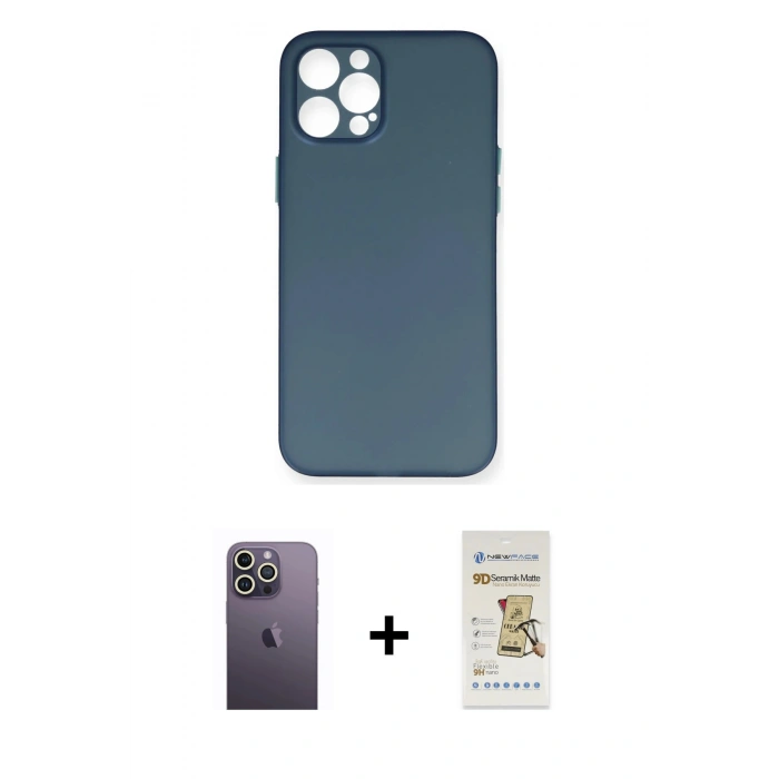 MARSİLYAN™- iPhone 12 Pro Max Kılıf Yadigar Yansıma Serisi - Siyah Mat Seramik Nano Ekran Koruyucu + Neon Fosforlu Kamera Lens - BZ