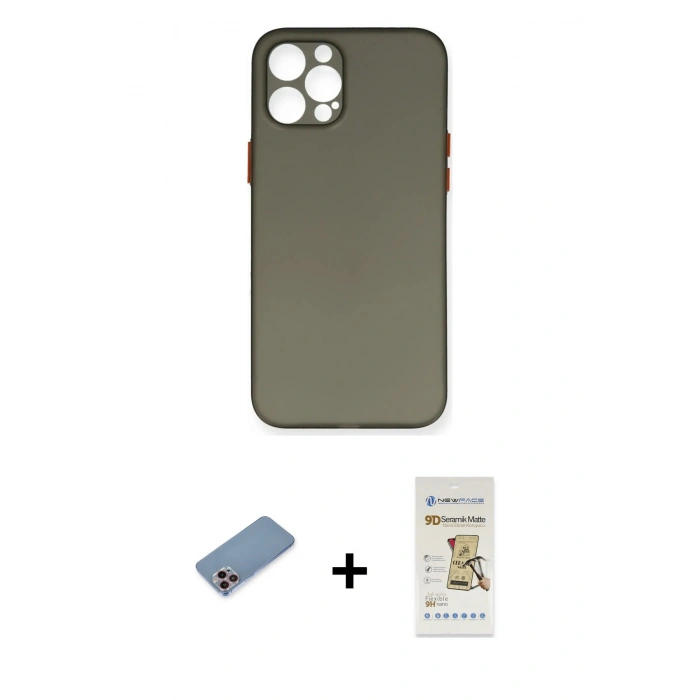 MARSİLYAN™- iPhone 12 Pro Max Kılıf Yadigar Yansıma Serisi - Siyah Mat Seramik Nano Ekran Koruyucu + Pembe Shine Kamera Lens Koruma Cam