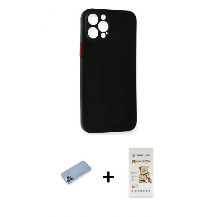 MARSİLYAN™- iPhone 12 Pro Max Kılıf Yadigar Yansıma Serisi - Siyah Mat Seramik Nano Ekran Koruyucu + Shine Kamera Lens Koruma Cam - MI