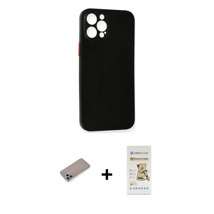 MARSİLYAN™- iPhone 12 Pro Max Kılıf Yadigar Yansıma Serisi - Siyah Mat Seramik Nano Ekran Koruyucu + Shine Kamera Lens Koruma Cam - SABE