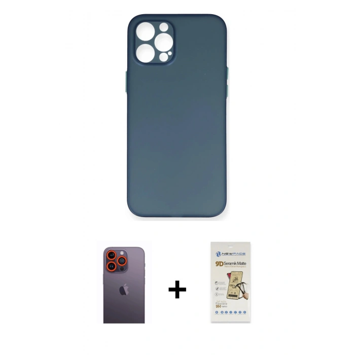 MARSİLYAN™- iPhone 12 Pro Max Kılıf Yadigar Yansıma Serisi - Siyah Mat Seramik Nano Ekran Koruyucu + Neon Fosforlu Kamera Lens - TU