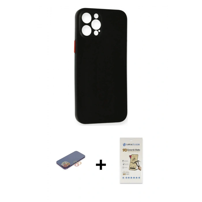 MARSİLYAN™- iPhone 12 Pro Max Kılıf Yadigar Yansıma Serisi - Siyah Mat Seramik Nano Ekran Koruyucu + Turuncu Renkli Kamera Lens Koruma Cam