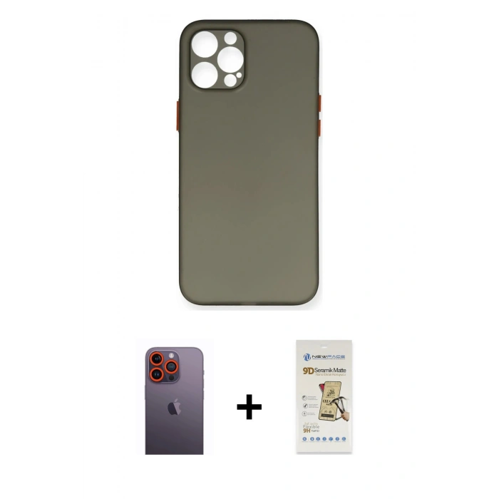 MARSİLYAN™- iPhone 12 Pro Max Kılıf Yadigar Yansıma Serisi - Siyah Mat Seramik Nano Ekran Koruyucu + Neon Fosforlu Kamera Lens - TU