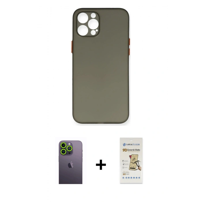 MARSİLYAN™- iPhone 12 Pro Max Kılıf Yadigar Yansıma Serisi - Siyah Mat Seramik Nano Ekran Koruyucu + Neon Fosforlu Kamera Lens - YL