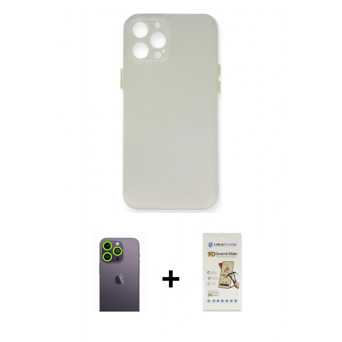 MARSİLYAN™- iPhone 12 Pro Max Kılıf Yadigar Yansıma Serisi - Siyah Mat Seramik Nano Ekran Koruyucu + Neon Fosforlu Kamera Lens - YL