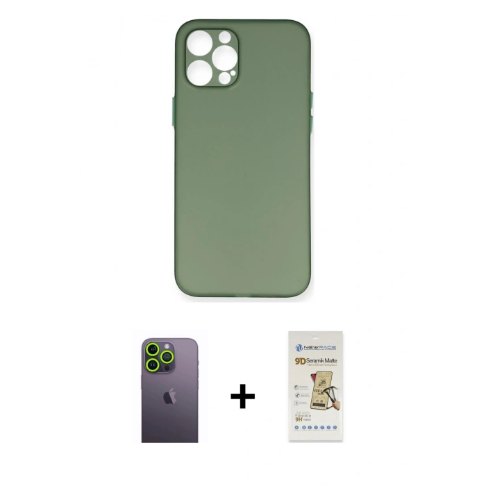 MARSİLYAN™- iPhone 12 Pro Max Kılıf Yadigar Yansıma Serisi - Siyah Mat Seramik Nano Ekran Koruyucu + Neon Fosforlu Kamera Lens - YL