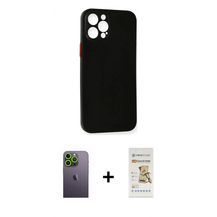 MARSİLYAN™- iPhone 12 Pro Max Kılıf Yadigar Yansıma Serisi - Siyah Mat Seramik Nano Ekran Koruyucu + Neon Fosforlu Kamera Lens - YL