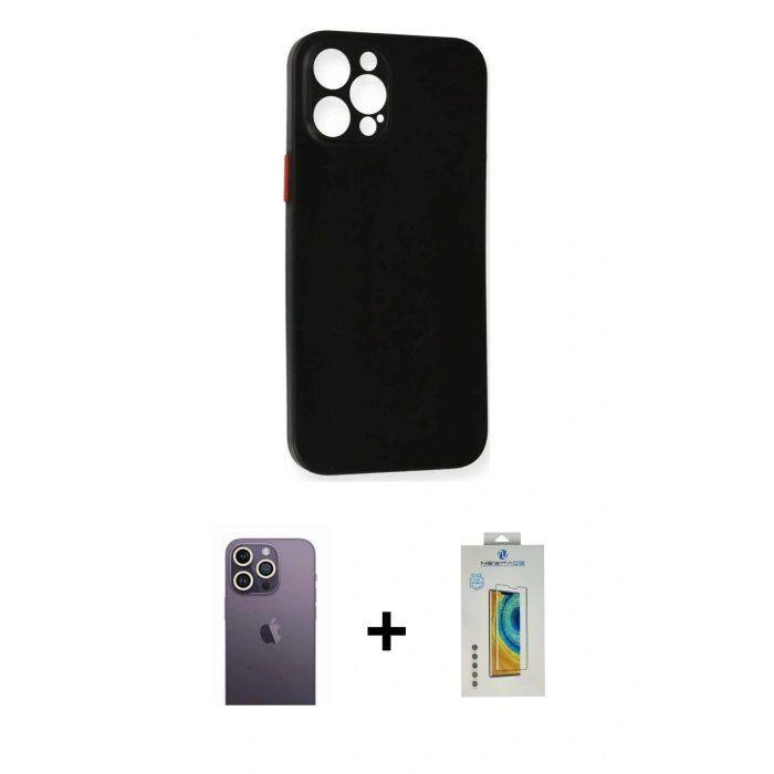 MARSİLYAN™- iPhone 12 Pro Max Kılıf Yadigar Yansıma Serisi - Siyah Polymer Nano Ekran Koruyucu + Neon Fosforlu Kamera Lens - BZ