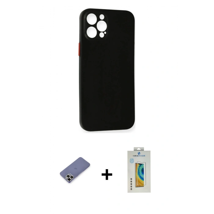MARSİLYAN™- iPhone 12 Pro Max Kılıf Yadigar Yansıma Serisi - Siyah Polymer Nano Ekran Koruyucu + Gold Metal Kamera Lens Koruma Cam