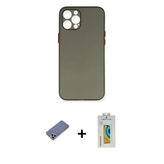 MARSİLYAN™- iPhone 12 Pro Max Kılıf Yadigar Yansıma Serisi - Siyah Polymer Nano Ekran Koruyucu + Gold Metal Kamera Lens Koruma Cam