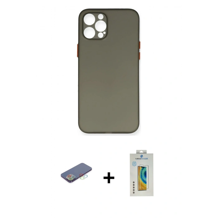 MARSİLYAN™- iPhone 12 Pro Max Kılıf Yadigar Yansıma Serisi - Siyah Polymer Nano Ekran Koruyucu + Mavi Renkli Kamera Lens Koruma Cam